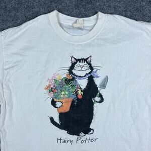 Hatley T-Shirt Mens Size XL White Hairy Potter Funny Cat Graphic Novelty Tee